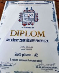 Spevácky zbor Úsmev Prievidza - diplom