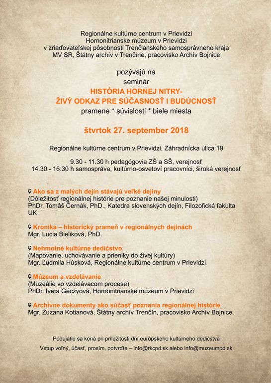 Seminár o histórii hornej Nitry - plagát