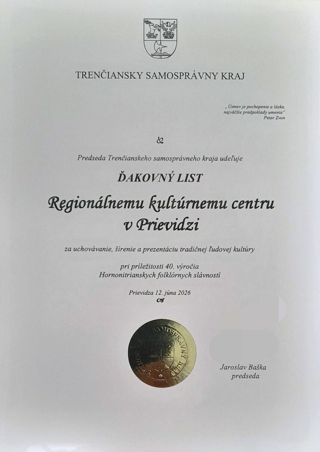 Ďakovný list predsedu TSK